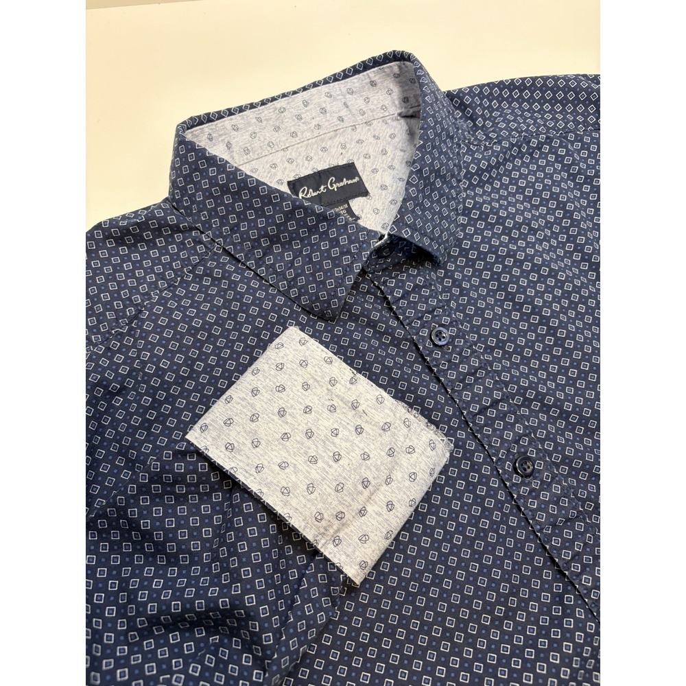 Robert Graham Long Sleeve Flip Cuff Shirt Men's XL Navy Blue Geometric Diamond